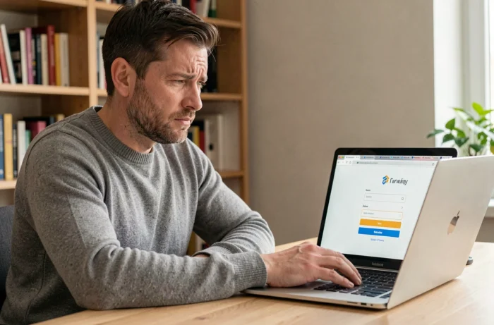 Homme accédant à son webmail Numericable sur un ordinateur portable dans un bureau à domicile