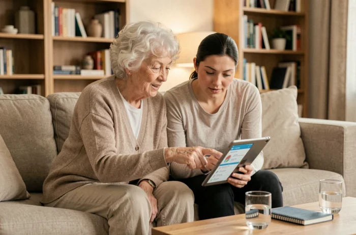 Aidante et femme senior consultant ensemble des informations de santé sur une tablette numérique