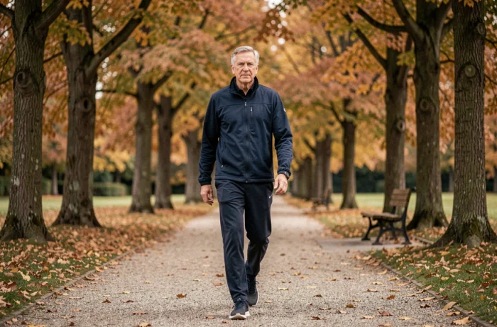 Senior homme marchant dans un parc en automne pour maintenir sa santé physique au quotidien