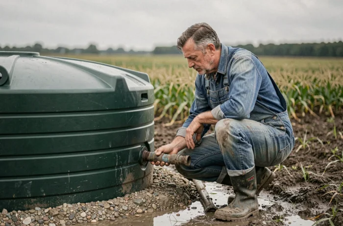 Agriculteur inspectant une cuve de récupération d'eau de pluie installée en bordure de champ cultivé
