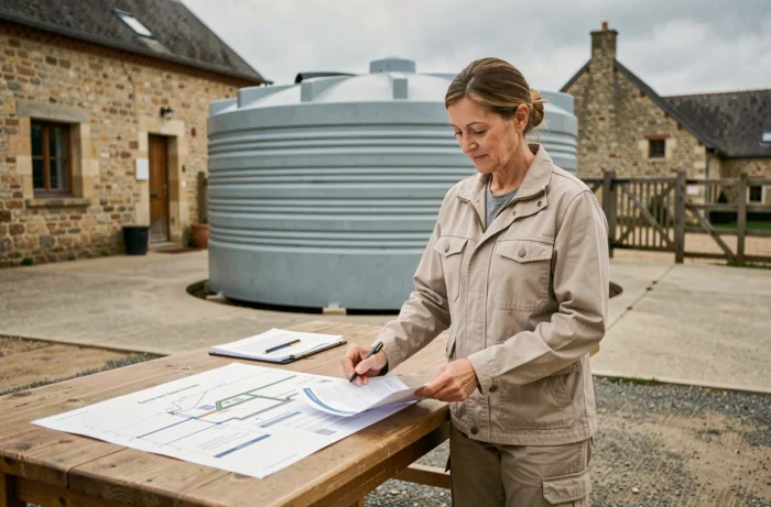 Agricultrice consultant des documents d'aides financières pour l'installation d'une cuve de stockage d'eau agricole