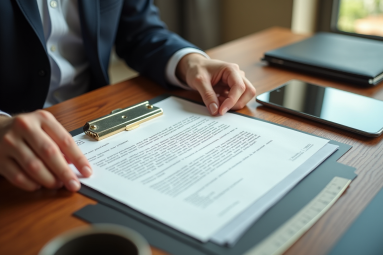 Main alignant une lettre officielle sur un bureau organisé