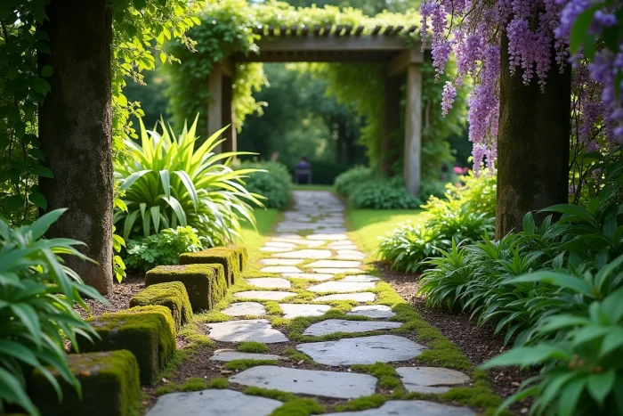 Allée en pierres sèches entourée de fougères et de couvre-sols dans un jardin extérieur naturel et verdoyant