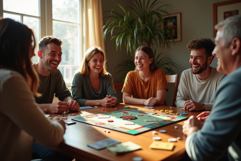 Groupe d'amis riant autour d'une table de jeux de société