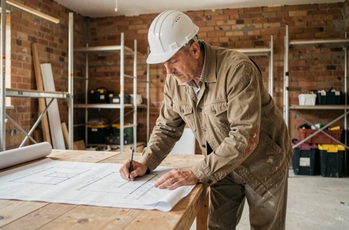 Architecte en combinaison de travail étudiant des plans de rénovation sur un chantier de construction
