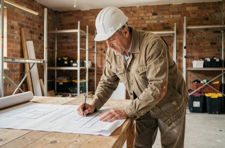 Architecte en combinaison de travail étudiant des plans de rénovation sur un chantier de construction