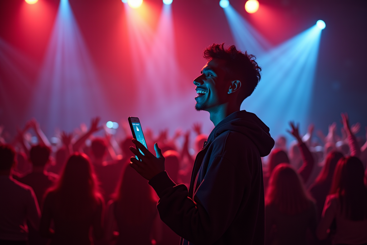 Jeune artiste sur scène recevant une notification de paiement