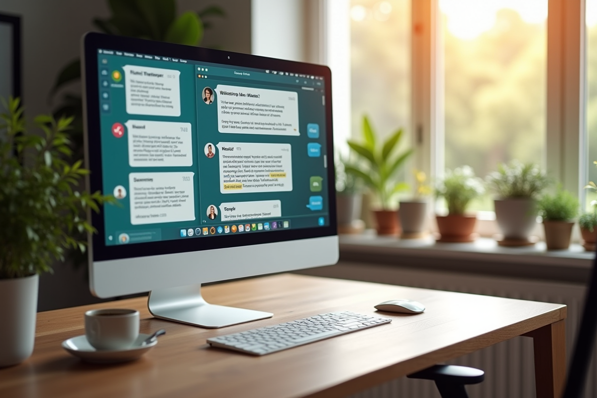 Espace de travail moderne avec écran de messagerie et café