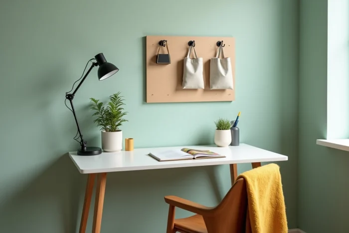 Aufgeräumtes und organisiertes Homeoffice mit salbeigrüner Wand, grüner Pflanze und minimalistischen Accessoires für einen beruhigenden Arbeitsbereich