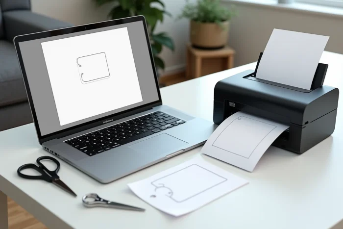 Bureau à domicile avec laptop affichant un modèle PDF d'étiquette de valise minimaliste et imprimante qui imprime le document