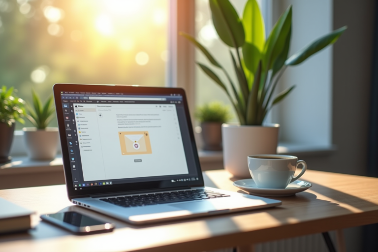 Bureau moderne avec ordinateur portable et tasse de cafe