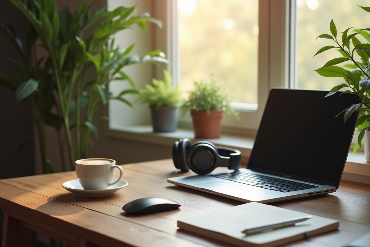 Bureau à domicile avec ordinateur portable et plantes vertes