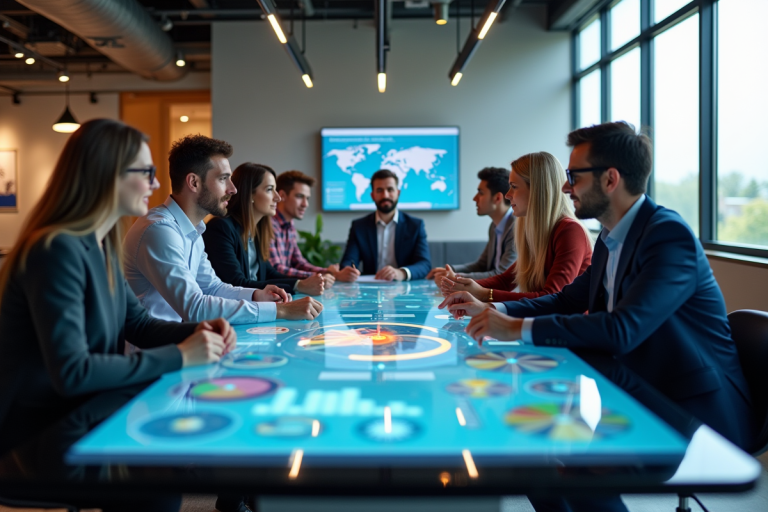 Équipe diversifiée dans un bureau moderne collaborant autour d'une table numérique