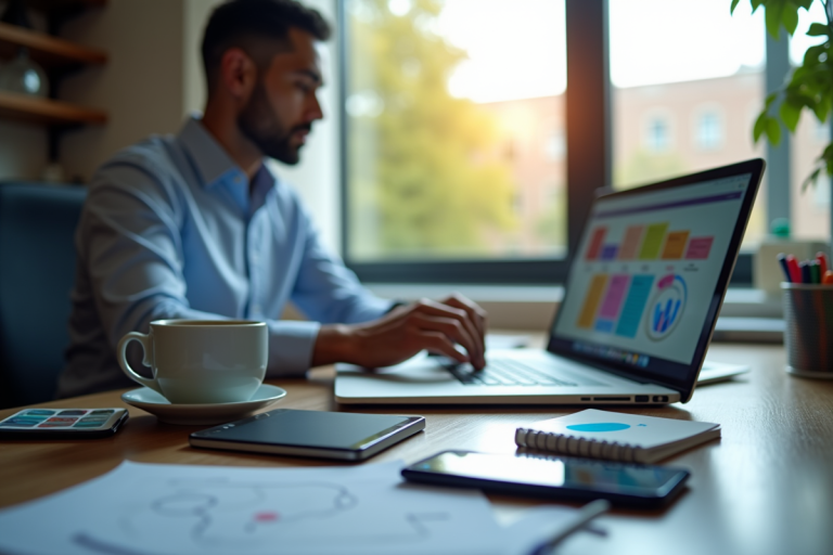 Bureau moderne avec professionnel sur ordinateur portable et notifications