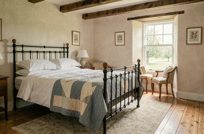 Chambre d'hôtes douillette avec lit en fer forgé, poutres apparentes et vue sur verger dans une maison normande