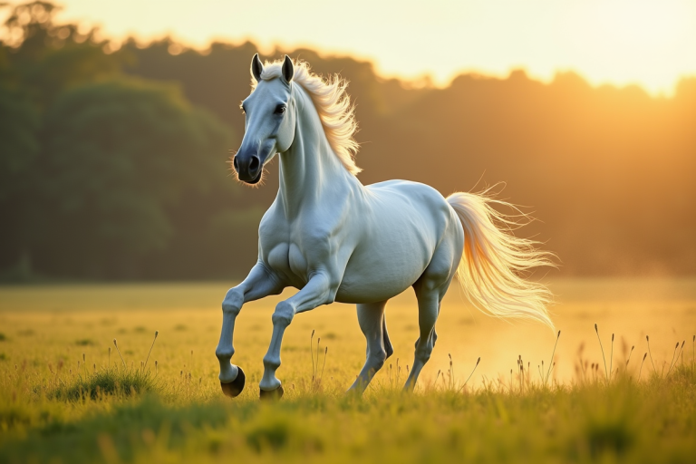 Cheval blanc galopant dans une prairie ensoleillee