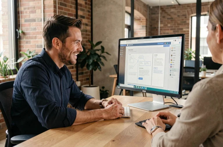 Développeur web professionnel en réunion avec un client pour choisir le meilleur prestataire web pour un projet de site internet