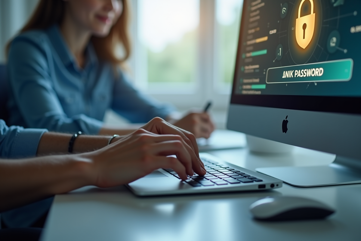 Mains tapant un mot de passe fort sur un site bancaire en ligne securise