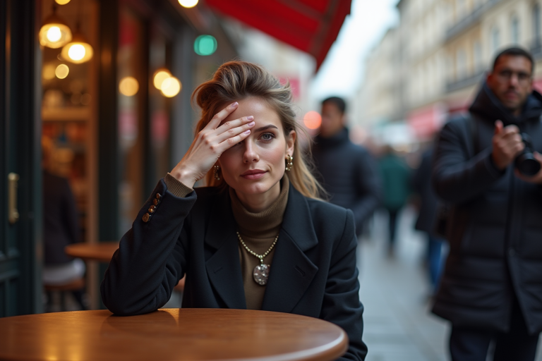 Célébrité au café se protégeant des paparazzis dans la ville