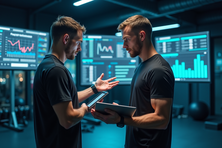 Entraîneur sportif et athlète utilisant un ordinateur dans une salle hightech