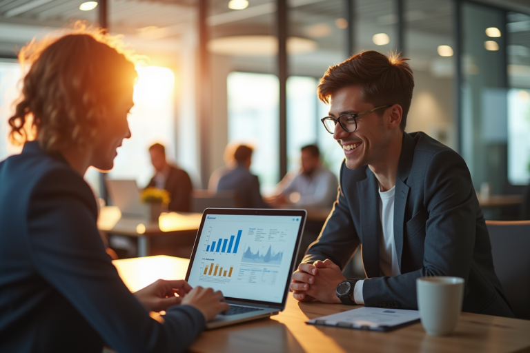 Jeune professionnel avec mentor en open space marketing