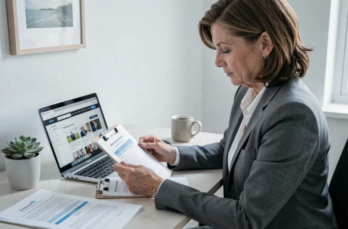 Femme d'affaires comparant des offres de prestataires web sur ordinateur portable et documents imprimés dans un bureau à domicile