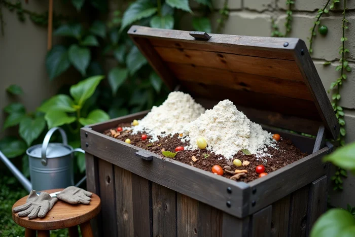 Primo piano su un contenitore di compost contenente farina scaduta mescolata a bucce e foglie secche in decomposizione in un cortile urbano