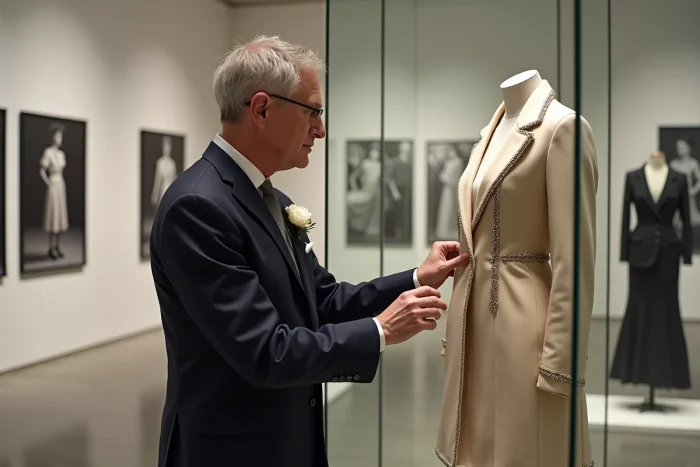 Conservateur de mode arrangeant des pièces d'archives Chanel dans un musée du patrimoine de la haute couture