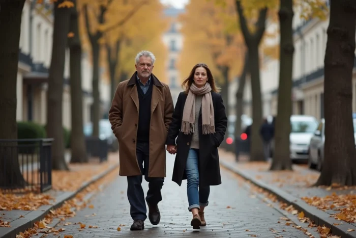 Couple discret marchant dans une rue parisienne en automne, ambiance intime et élégante illustrant la protection de la vie privée d'une personnalité publique
