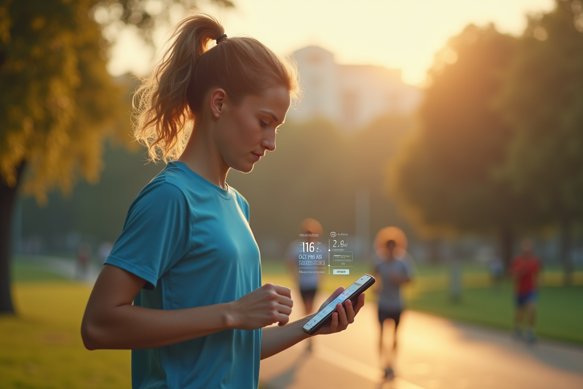 Jeune coureur en ville vérifiant une application fitness le matin
