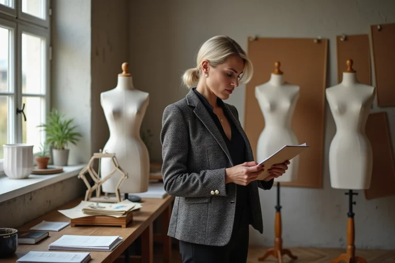 Créatrice de mode portant un veste tweed noir et blanc inspirée de Chanel dans un atelier parisien