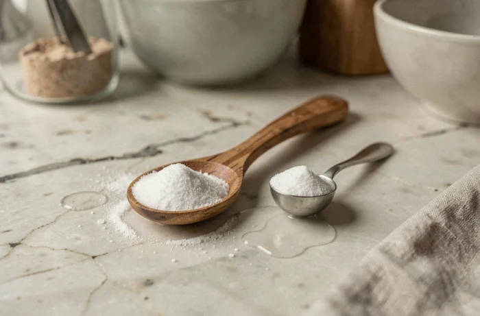 Cuillère à soupe et cuillère à café en bois côte à côte sur un plan de travail en marbre avec du sucre, illustrant la différence de contenance entre les deux ustensiles