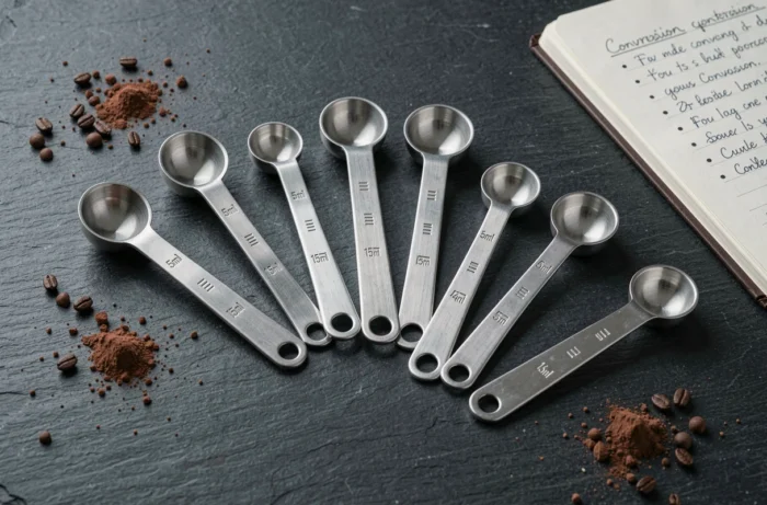 Assortiment de cuillères doseuses en métal et céramique sur une surface en ardoise avec des notes manuscrites sur les équivalences de mesure en millilitres