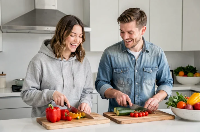 Deux jeunes adultes cuisinant ensemble et découpant des légumes colorés dans une cuisine moderne ouverte
