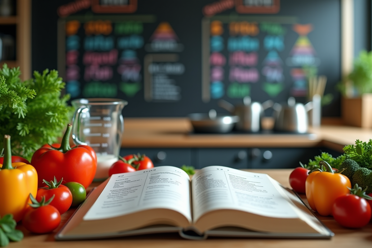 Livre de recettes ouvert avec légumes frais en cuisine moderne