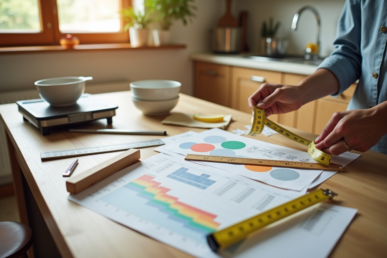Table de cuisine avec outils de mesure et personne confuse