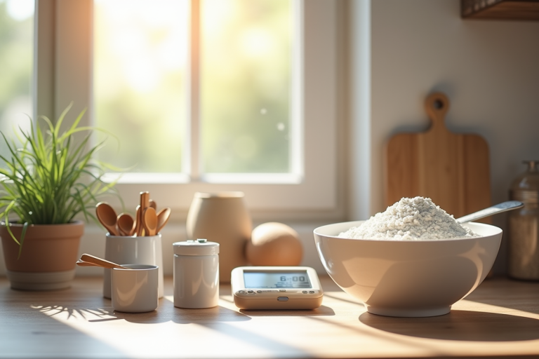 Plan de travail cuisine avec ustensiles de mesure et balance