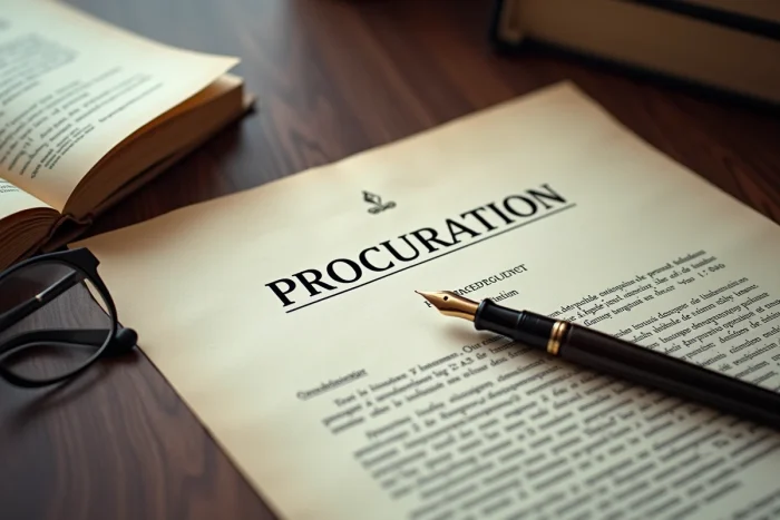 Gros plan d'une procuration notariale avec stylo plume et documents de succession sur un bureau en bois sombre