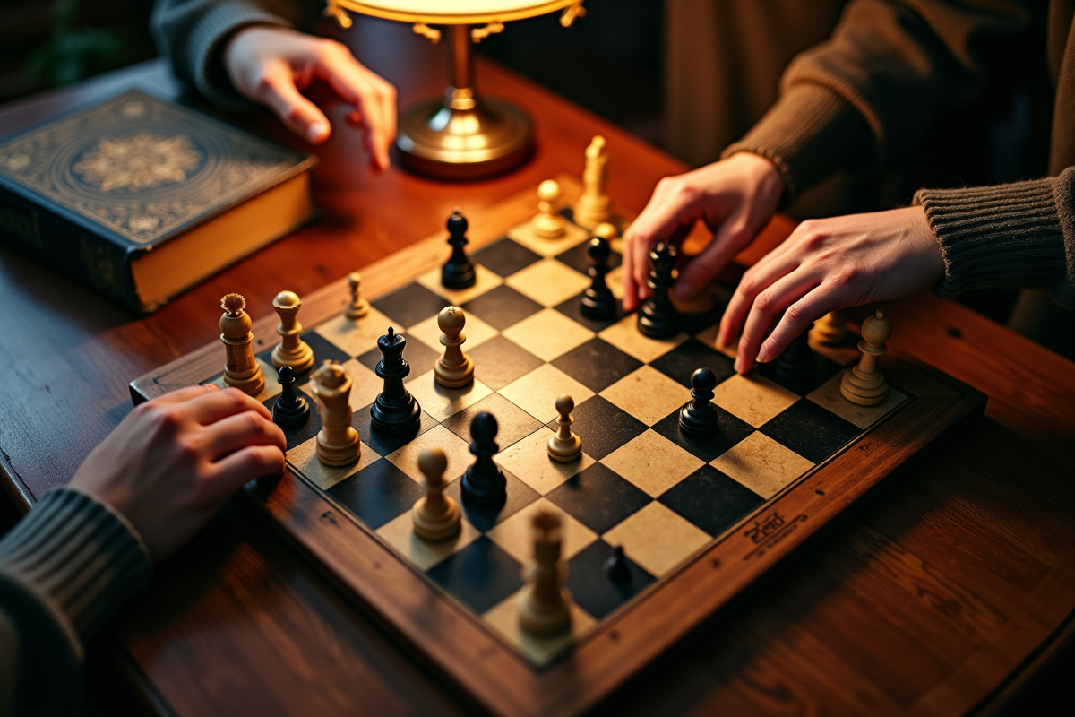Mains jouant aux jeux de société vintage sur un échiquier