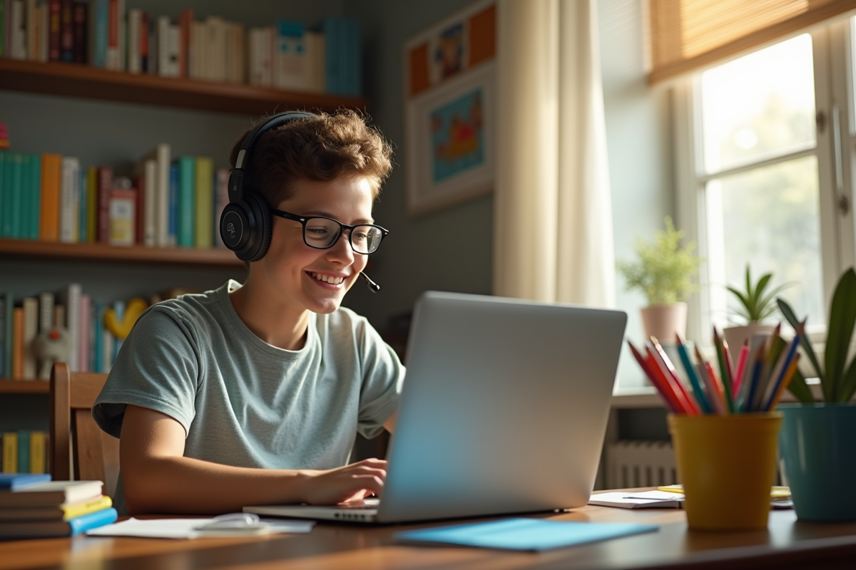 Étudiant en cours à domicile avec ordinateur et fournitures colorées