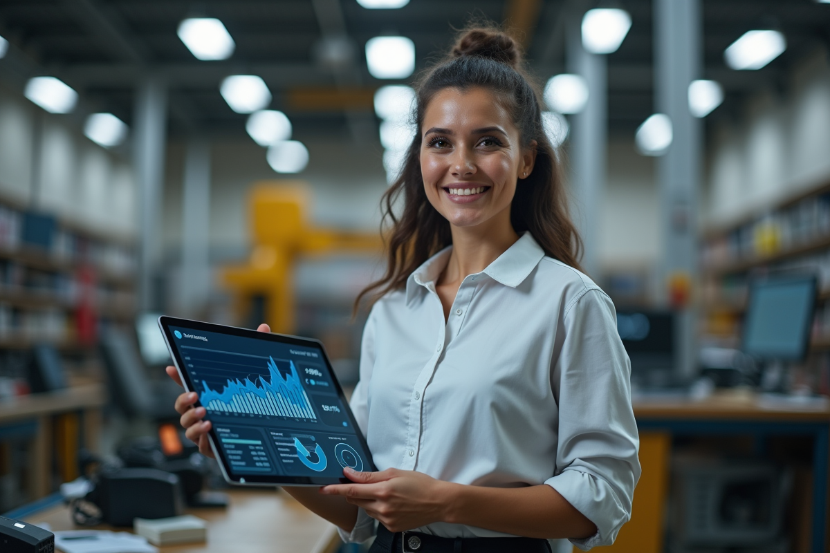Femme entrepreneure souriante dans son atelier avec tablette et équipements numériques