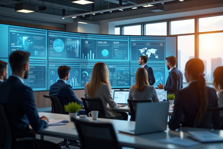 Groupe de professionnels autour d'un tableau digital moderne