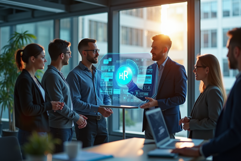 Groupe de professionnels collaborant sur un écran digital dans un bureau moderne