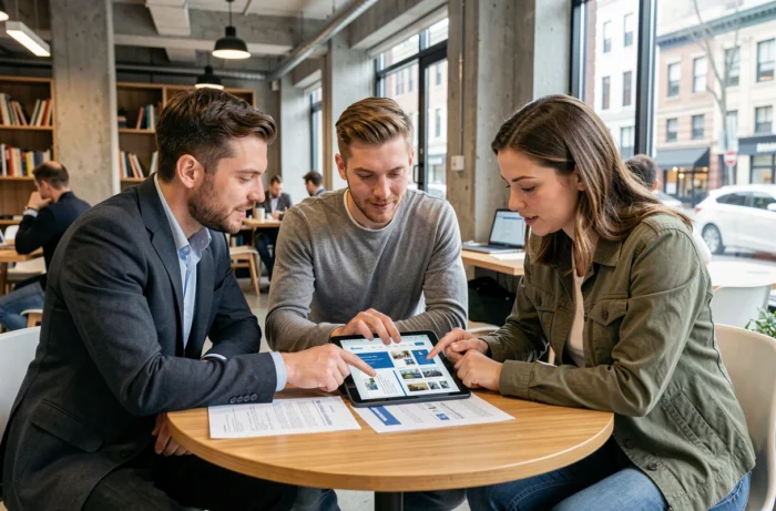Équipe de professionnels web en réunion dans un espace de coworking pour sélectionner le meilleur prestataire pour un projet de site internet