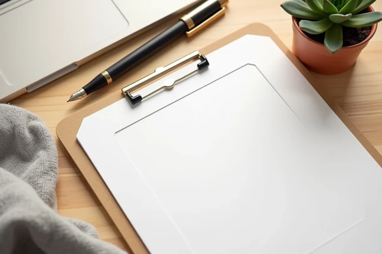 Étiquette de valise minimaliste imprimée sur papier cartonné blanc posée sur un bureau en bois clair avec un stylo plume