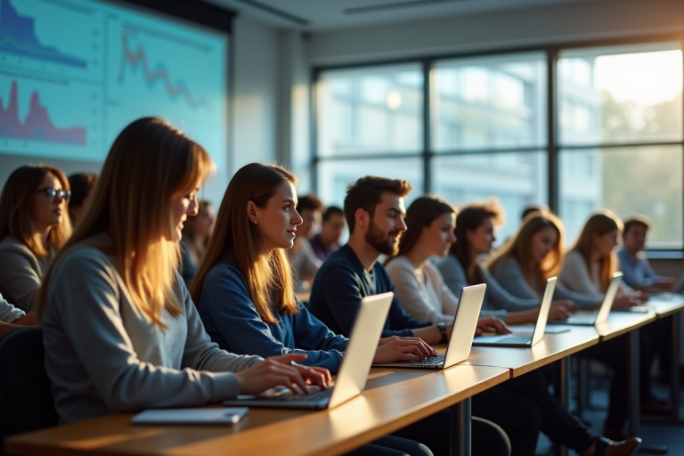 Etudiants en amphithéâtre moderne utilisant tablettes et ordinateurs