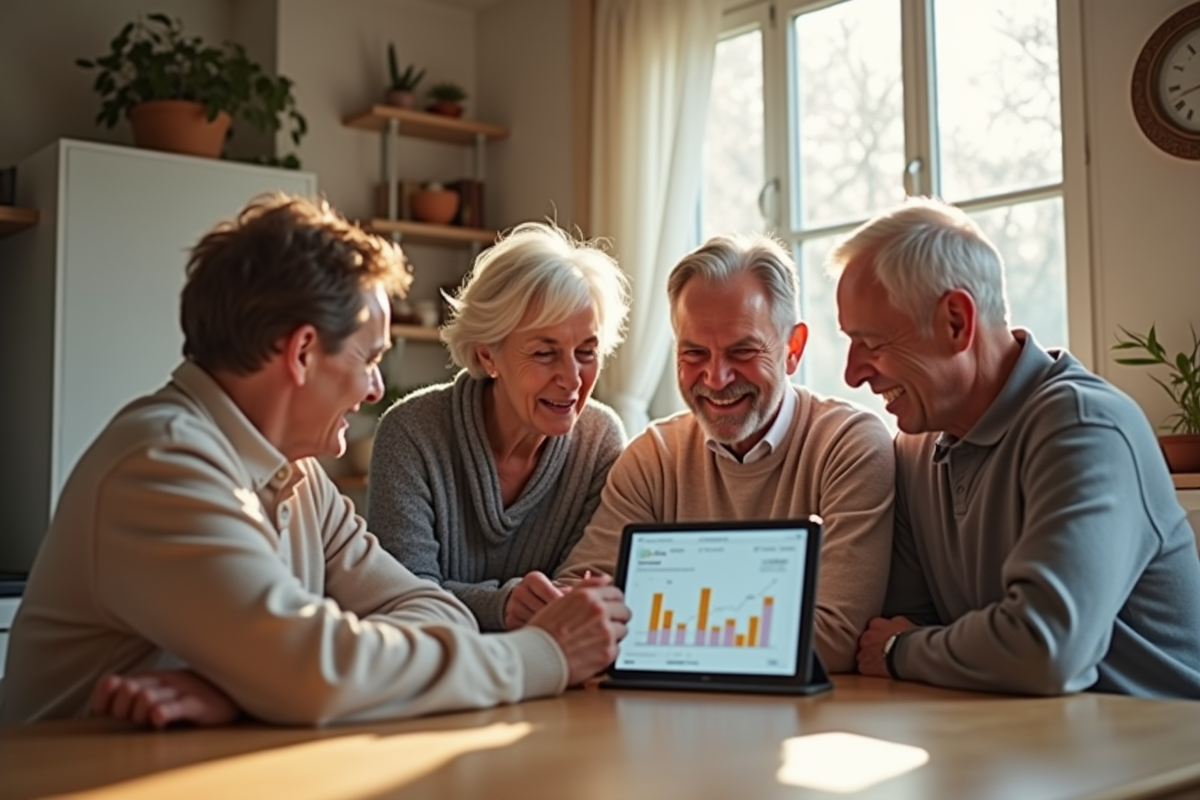 Famille française heureuse regardant une application bancaire à la maison