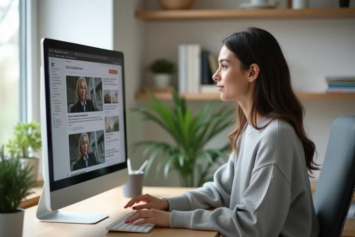 Femme consultant les tendances du web et l'actualité numérique sur un grand écran incurvé dans un bureau moderne à domicile