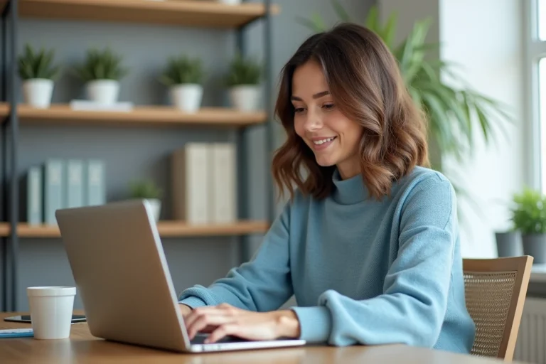 Femme concentrée travaillant sur son ordinateur dans un bureau moderne