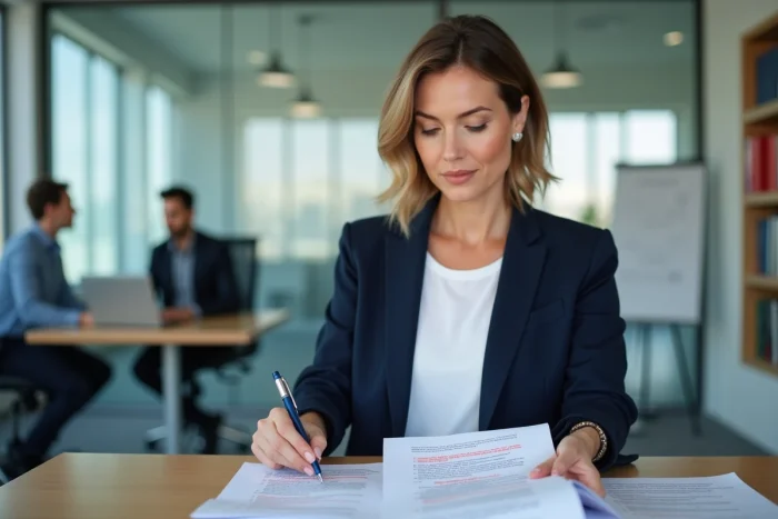 Femme professionnelle corrigeant la structure de paragraphes sur des documents imprimés dans un bureau moderne
